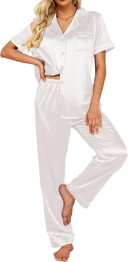 Ekouaer Silk Satin Pajamas Set Women Two-Piece Nightwear Short Sleeve Sleepwear Soft Button Down ... | Amazon (US)