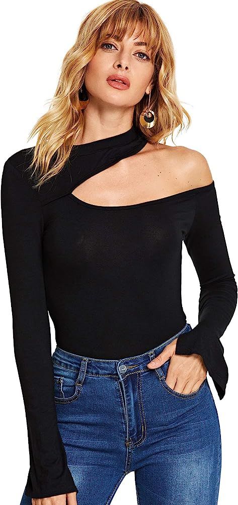 SheIn Women's Sexy One Shoulder Long Sleeve Slim Fit Cut Out Tee T-Shirts | Amazon (US)