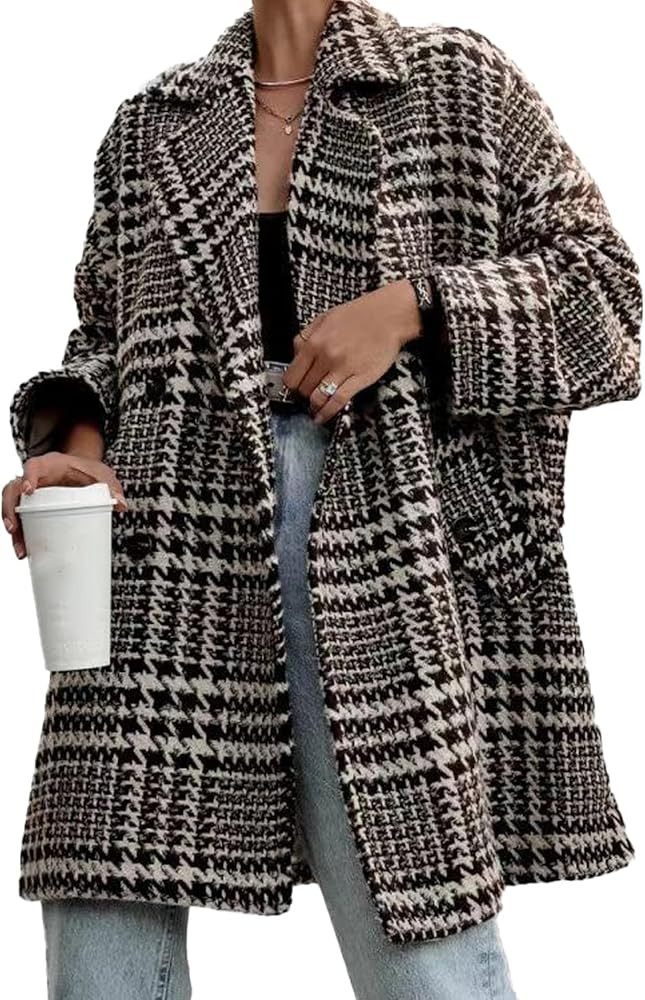 Sexyshine Women's Winter Double Breasted Houndstooth Coat Notch Lapel Plaid Wool Blend Pea Coat M... | Amazon (US)