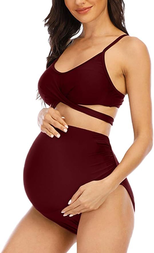 Women Criss Cross Maternity Bikini High Waist String Floral Two Piece Pregnancy Swimwear | Amazon (US)