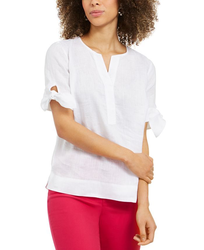 Linen Split-Neck Tie-Cuff Top, Created for Macy's | Macys (US)