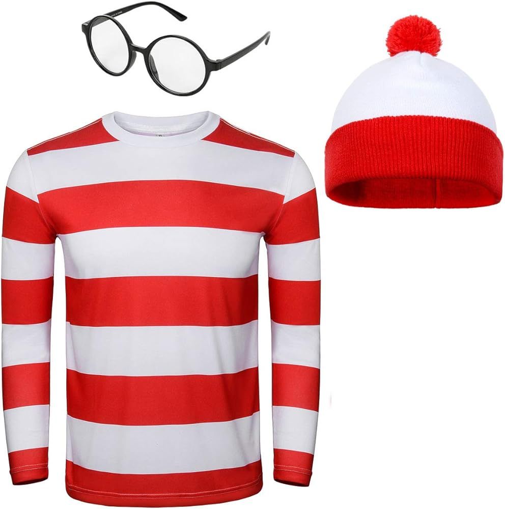 Adult Men Red and White Striped Tee Shirt Glasses Hat Outfit Suit Set Halloween Cosplay Costume Part | Amazon (US)