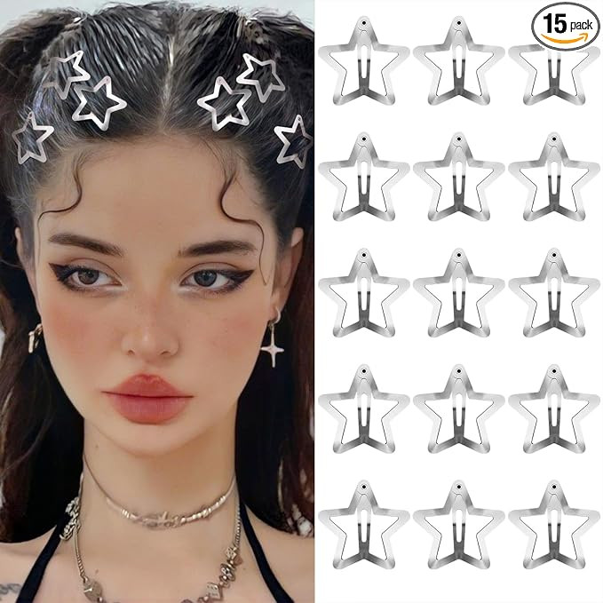 Star Hair Clips 2000s Y2K Snap Hair Barrettes Non Slip Star Hair Accessories Silver Metal Hair Cl... | Amazon (US)