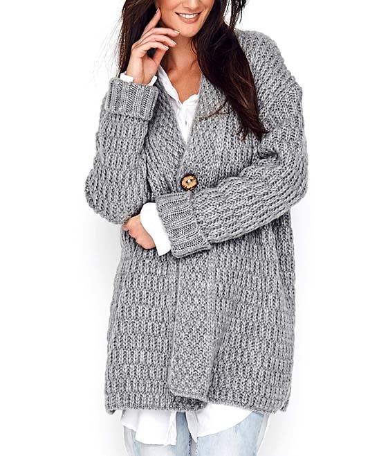 Numinou Women's Cardigans grey - Gray Melange Chunky-Knit One-Button Cardigan - Women | Zulily