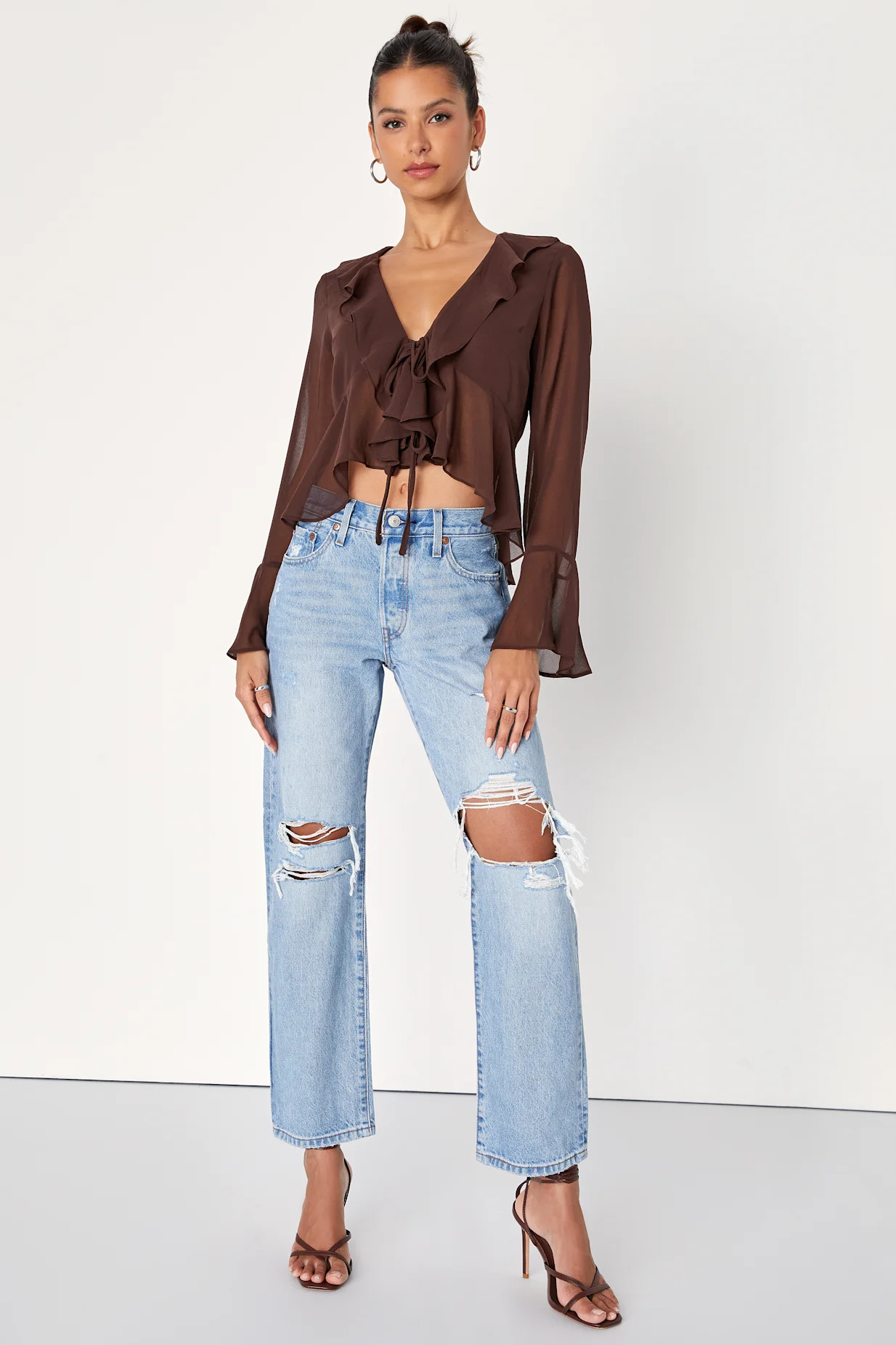 Thriving Flirt Brown Chiffon Ruffled Long Sleeve Tie-Front Top | Lulus