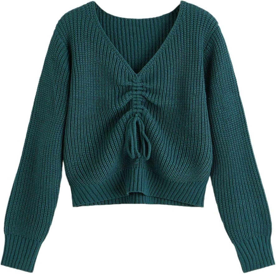 MakeMeChic Women's Drawstring Knot Casual V Neck Pullover Sweater Crop Top | Amazon (US)