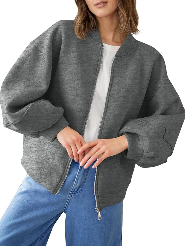Fisoew Womens Zip Up Sweatshirt Casual Bomber Jacket Lantern Sleeve Oversized Jacket Fall Outfits... | Amazon (US)