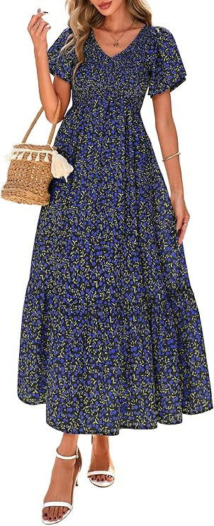 PRETTYGARDEN Boho Dresses for Women 2026 Summer Floral Short Sleeve V Neck Smocked Flowy Beach Va... | Amazon (US)