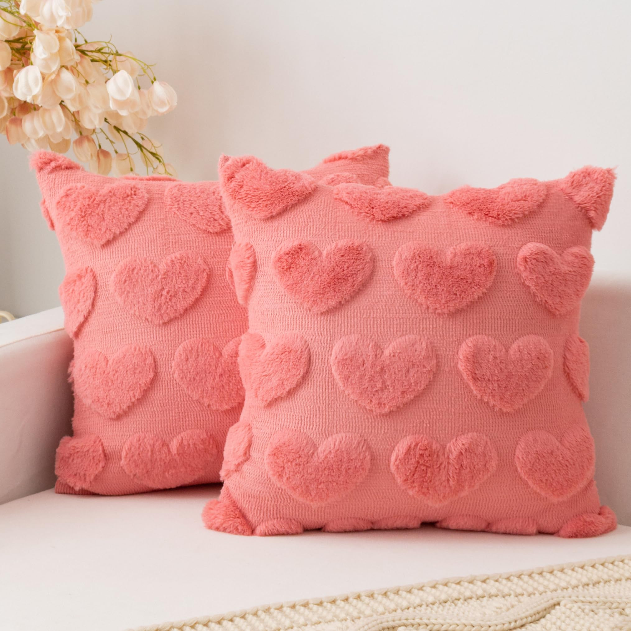 UGASA Valentines Day Pillow Covers 18x18 Inch Set of 2 Cute Heart Pattern Plush Jacquard Romantic... | Amazon (US)