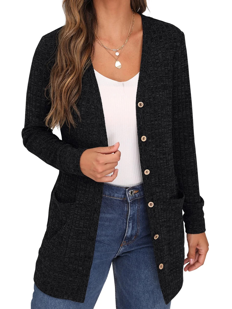 JWD Open Front Black Cardigan for Women Button Down Long Sleeve Sweater Outerwear with Pocket | Walmart (US)