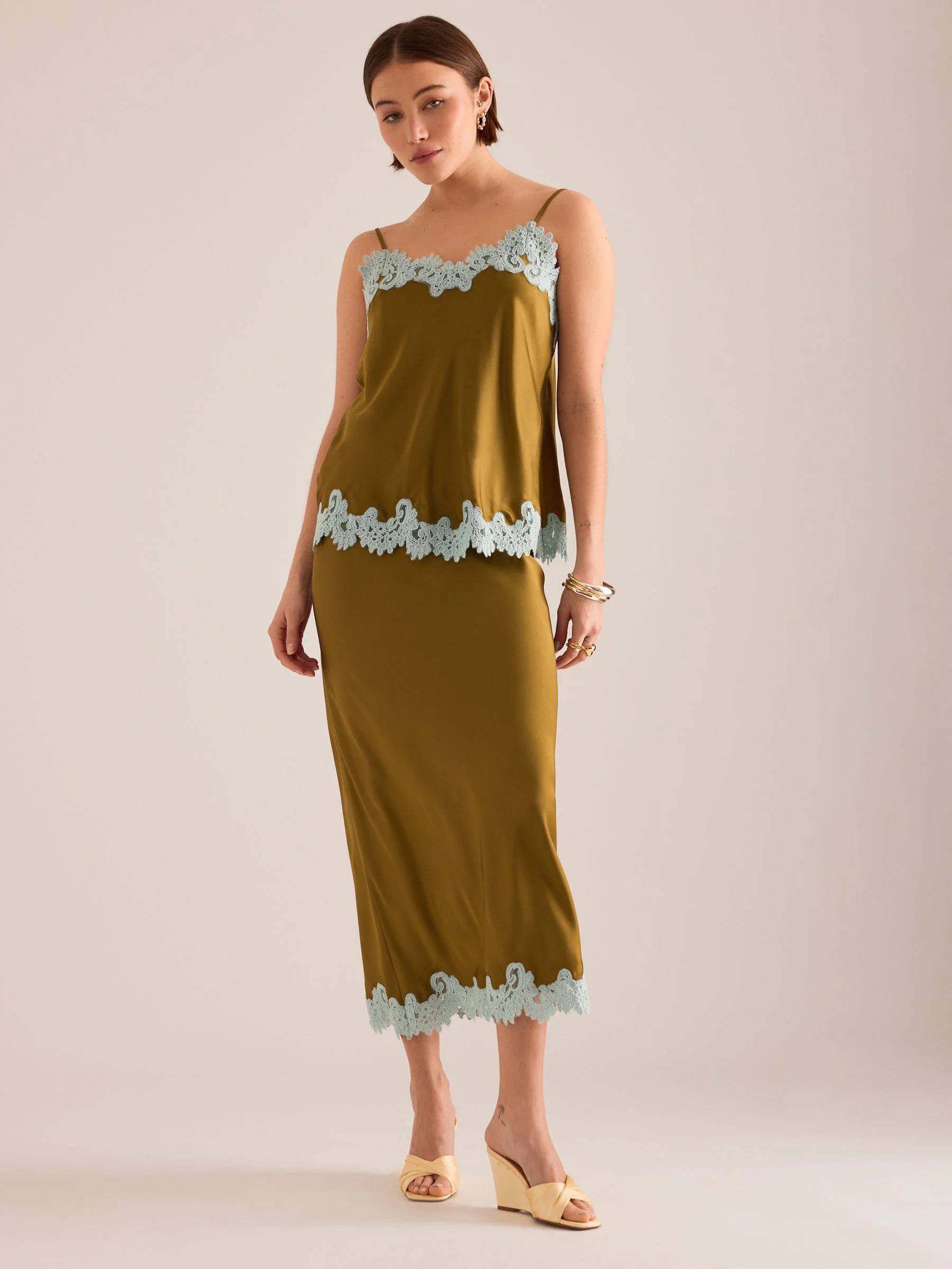 Anthropologie Anthropologie Green Lace Trim Bias Midi Slip Skirt | Next US
