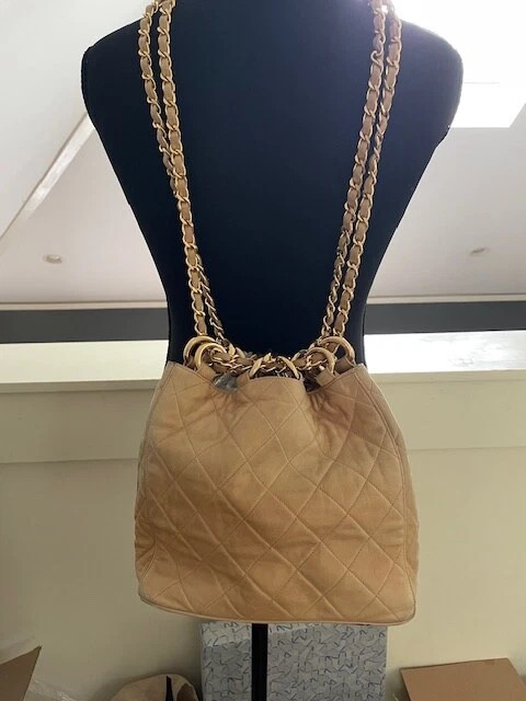Vintage Chanel Dark Beige Caramel Gold Chain Bucket Bag | eBay US