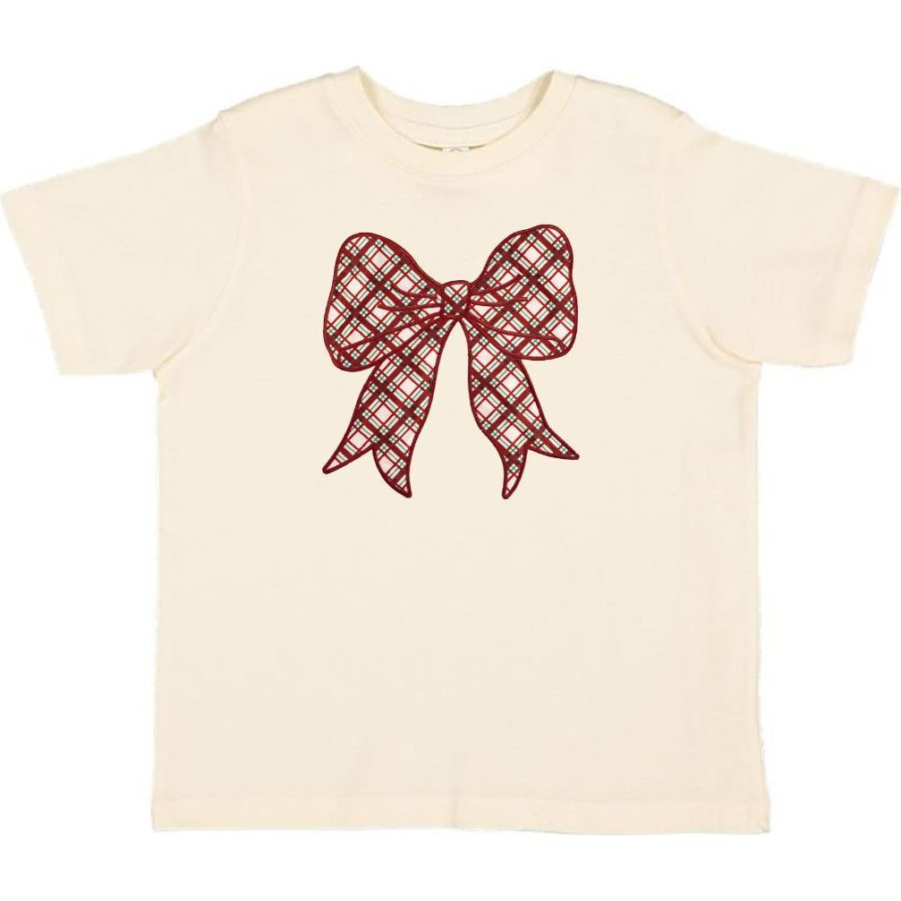 Christmas Plaid Bow Patch Short Sleeve T-Shirt, Natural | Maisonette