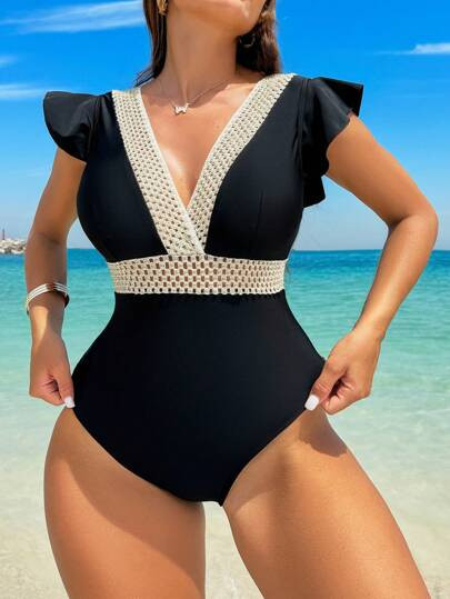 SHEIN Swim Lushore Summer Beach Women Color Block Contrast Trim Cap Sleeve One Piece Swimsuit For... | SHEIN