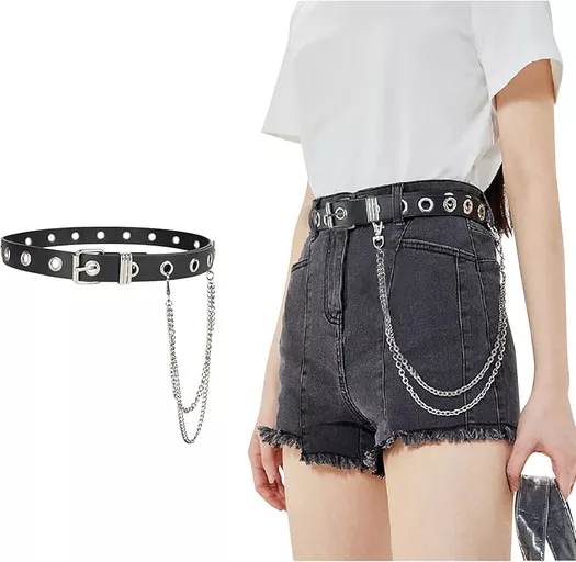 INOGIH Double-Grommet-Belt Leather Punk-Waist-Belt with Chain for Women  Jeans Dresses at  Women's Clothing store