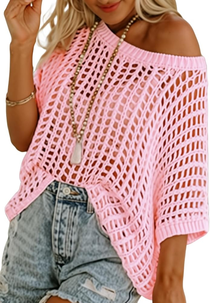 Sidefeel Women's Crochet Tops Short Sleeve Sweater 2025 Fashion Hollow Out Scoop Neck Pullover Kn... | Amazon (US)
