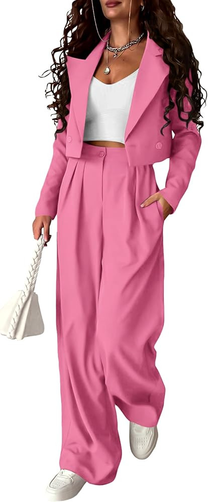 PRETTYGARDEN Womens Cropped Blazer Jackets High Waisted Wide Leg Work Pants Suit Set | Amazon (US)