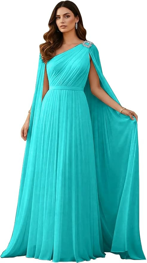 One Shoulder Bridesmaid Dresses Chiffon Pleated Prom Gowns Beaded Cape Sleeve Formal Wedding Gues... | Amazon (US)