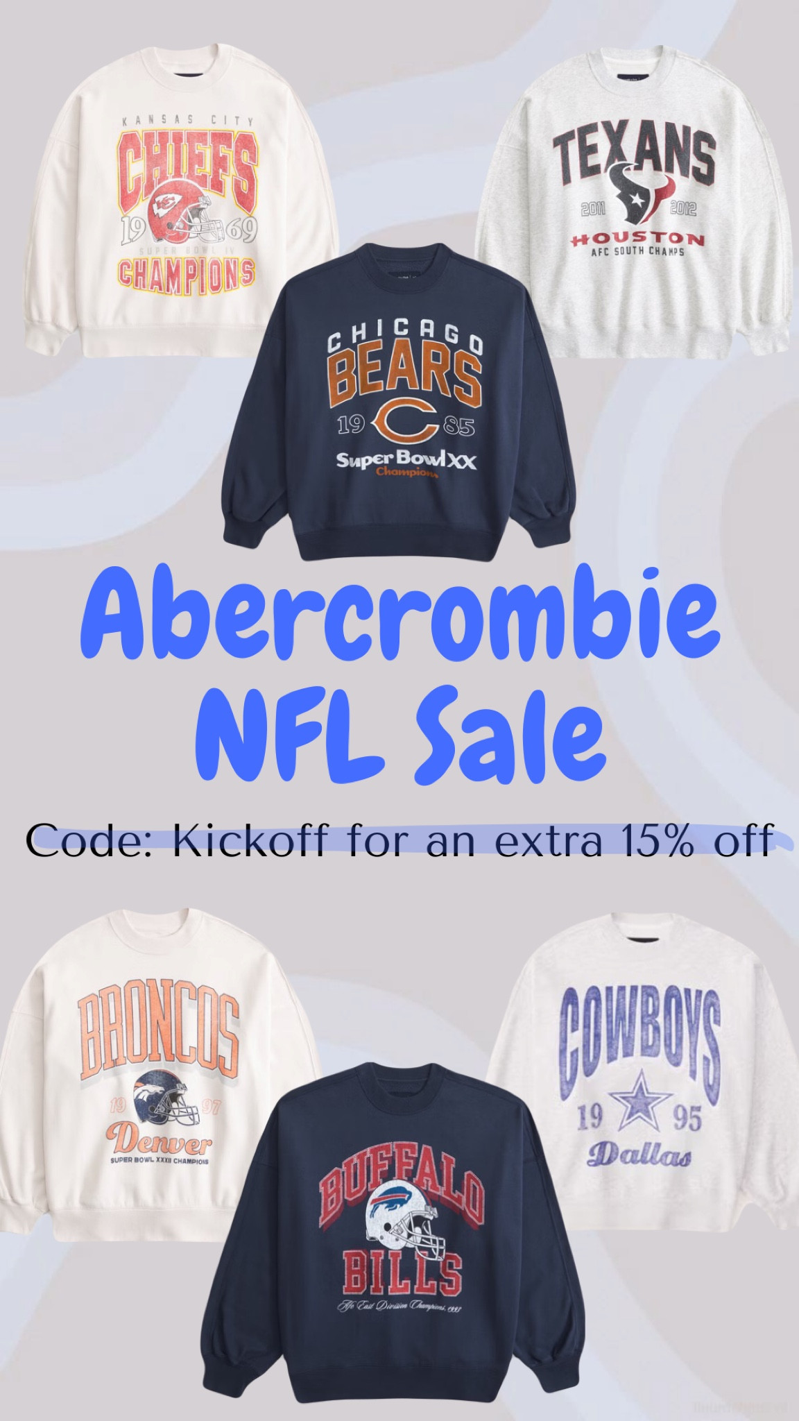 Abercrombie’s NFL sale is live! Use code Kickoff for and extra 15% off

Football season/ fall style/ Gameday/ Kansas City Chiefs/ Dallas Cowboys/ Houston Texans/ Buffalo Bills/ Chicago Bears

#LTKSaleAlert #LTKStyleTip #LTKFindsUnder100