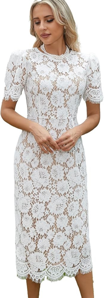 Women's Long Sleeve Lace Floral Elegant Cocktail Ocassion Party Midi Dress Wedding Guests Dress | Amazon (US)