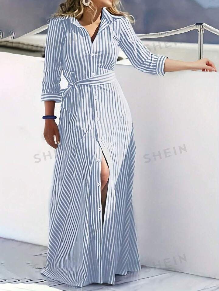 Chic Striped Bohemian Style 3/4 Sleeve Open Front Dress With Graceful Elegant | SHEIN