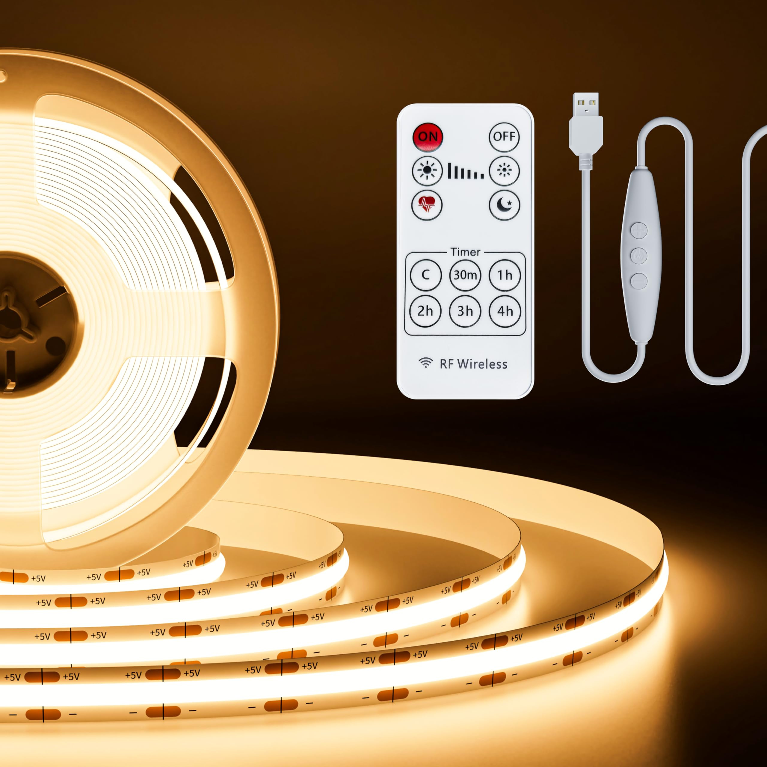 PAUTIX Tira de luz LED COB USB de 5 V, 6.56 pies/6.6 ft, 1200 lm, 640 LEDs regulables 3000 K blan... | Amazon (US)