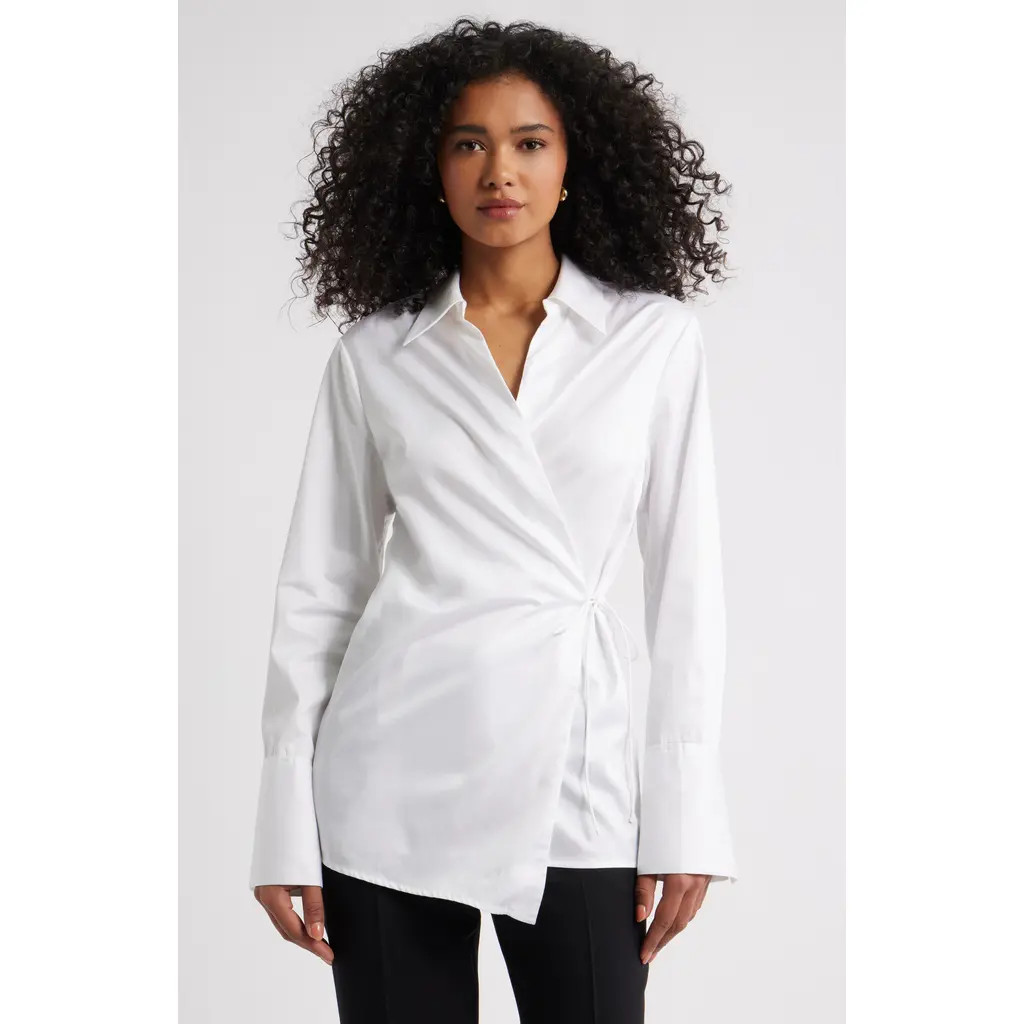 Open Edit Asymmetric Cotton Poplin Wrap Shirt in White at Nordstrom, Size Small | Nordstrom