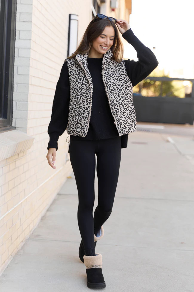Everett Khaki Multi Leopard Puffer Vest | Pink Lily