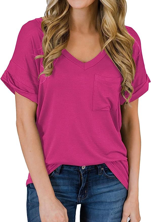 MIHOLL Women's Short Sleeve V-Neck Shirts Loose Casual Tee T-Shirt | Amazon (US)