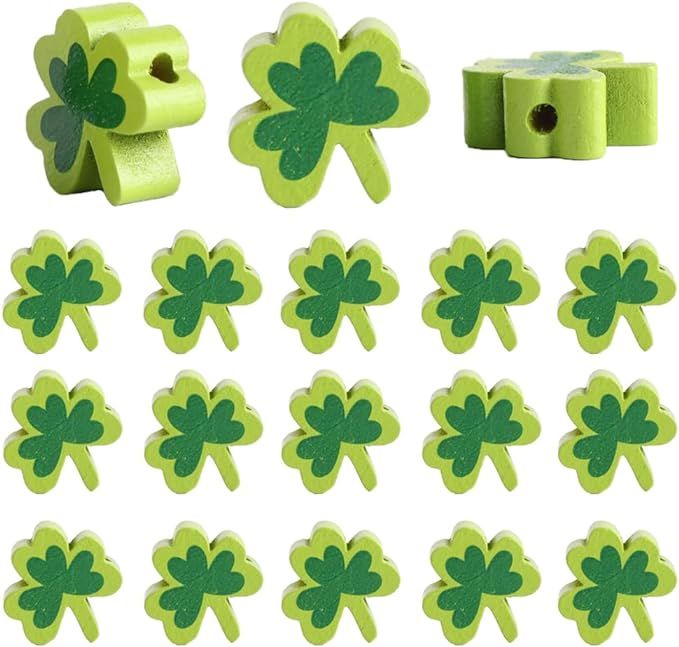 wybcfp 50 Pieces St Patrick's Day Wooden Beads Decoration Green Shamrock Beads Wood St Patrick's ... | Amazon (US)