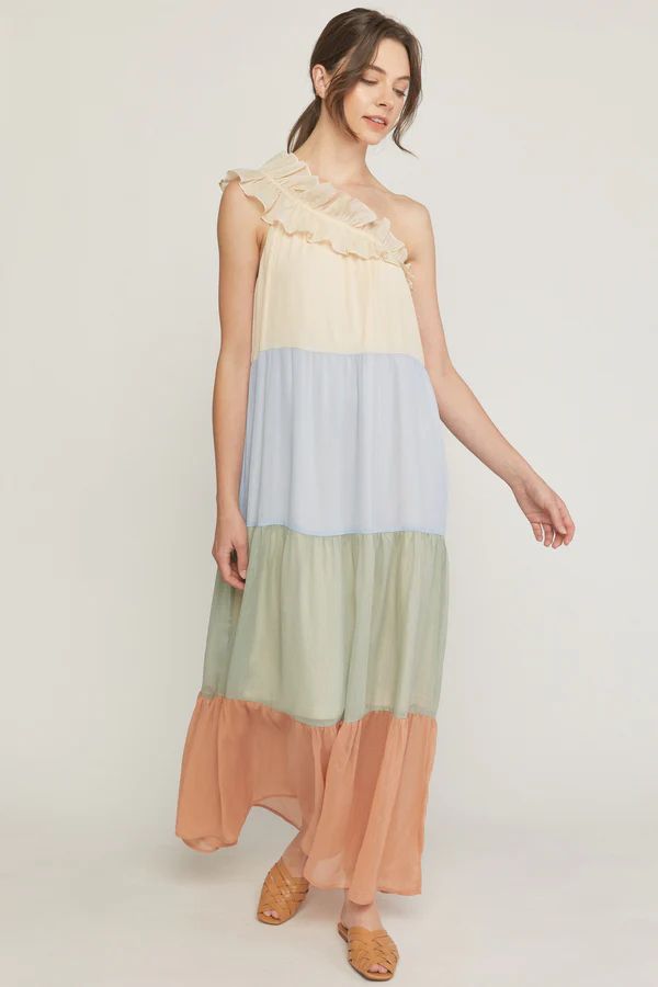 FERN ONE SHOULDER MAXI DRESS IN BLUE AND GREEN | Indigeaux Denim Bar & Boutique