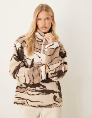 ASOS DESIGN borg half zip fleece with mountain AOP in neutral | ASOS | ASOS (Global)