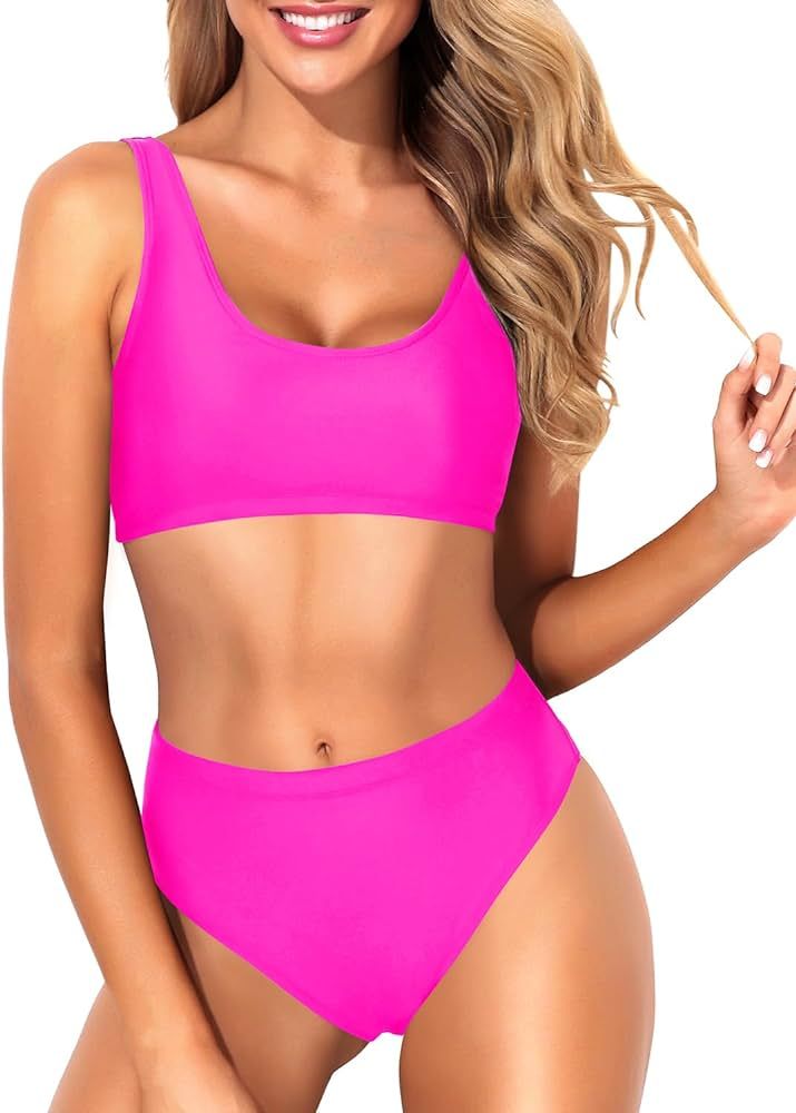 Tempt Me Women Two Piece Scoop Neck Bikini Crop Top Swimsuit Sporty High Waisted Bathing Suit | Amazon (US)