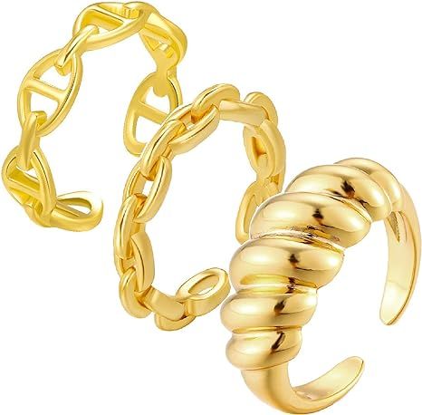 3Pcs 18K Gold Plated Chain Link Braided Twisted Ring Simple Stacking Band Open Rings for Women Ad... | Amazon (US)