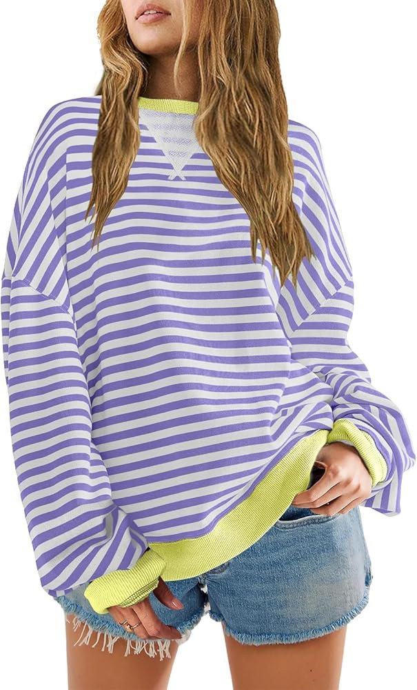 SENSERISE Womens Oversized Classic Striped Crewneck Sweatshirts Long Sleeve Color Block Shirts Ca... | Amazon (US)
