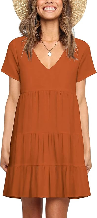 Hocuos Women Summer Tunic Dress V Neck Pleated Short Sleeves Casual Flowy Tshirt Dresses Solid Co... | Amazon (US)