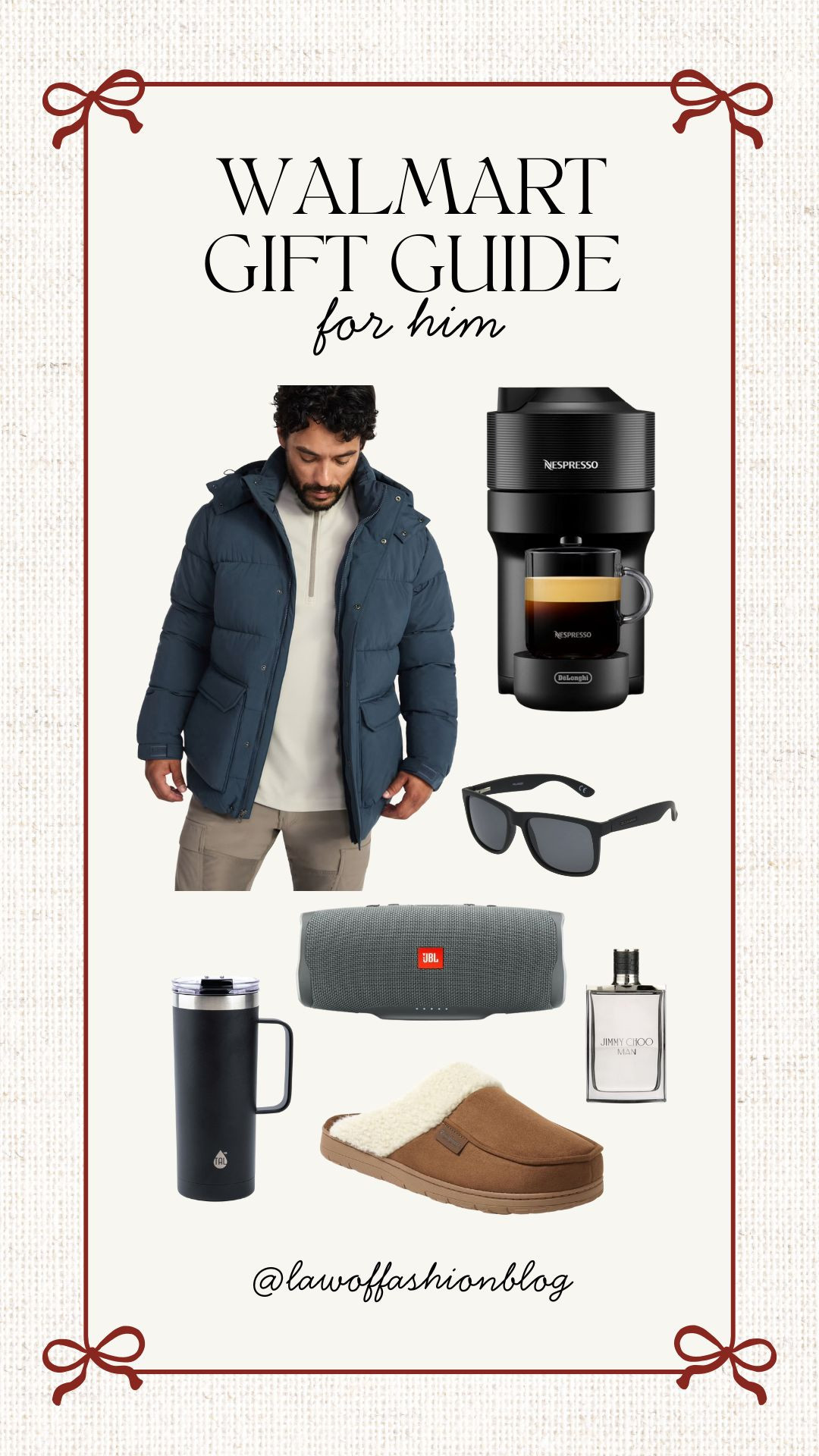 Walmart gift guide for him 🎁 gift ideas, jacket, nespresso, cup, bluetooth speaker, sunglasses, slippers, Christmas gifting, holiday gift ideas, Walmart finds.  

 