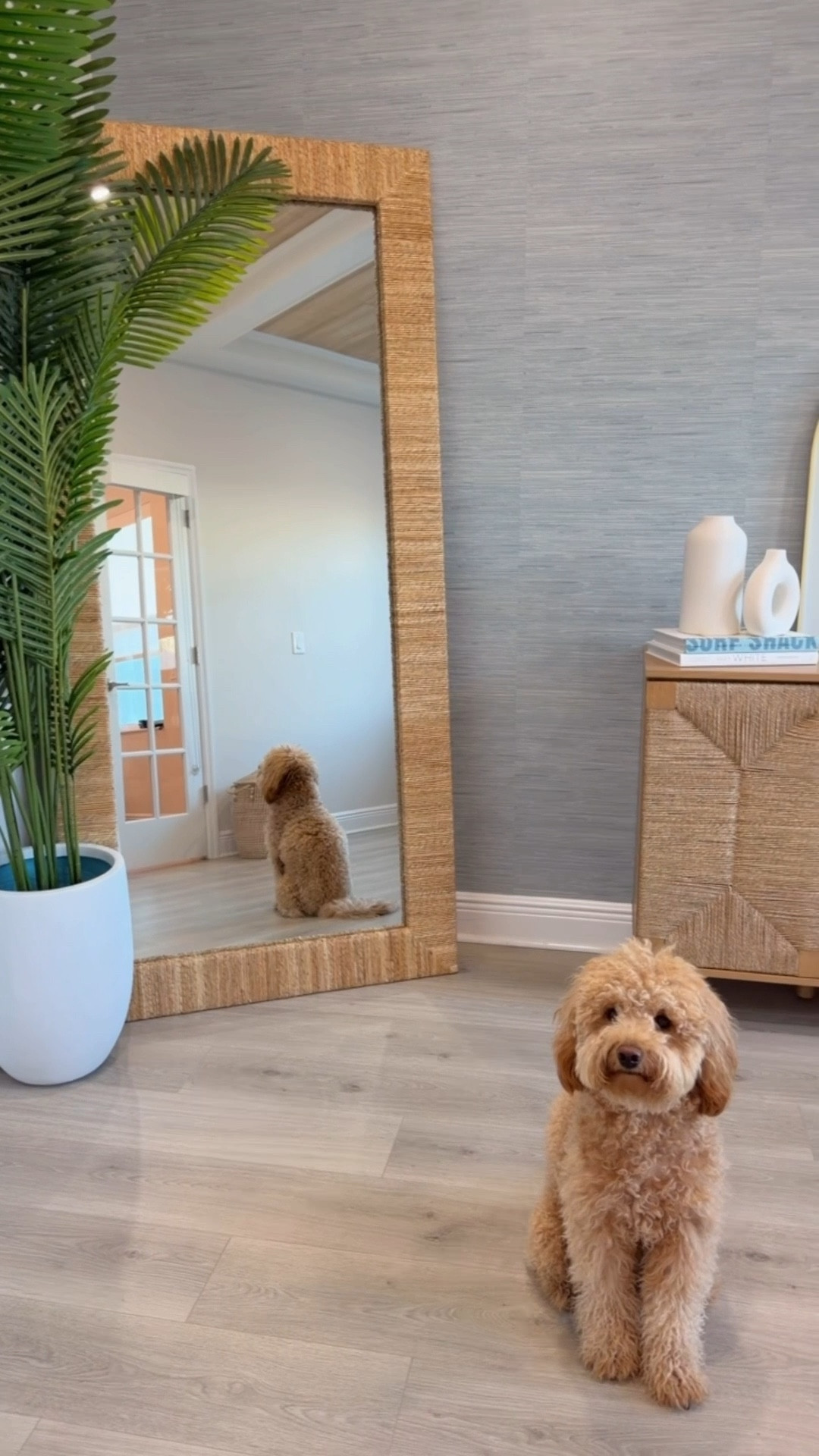 Coastal Office, Coastal Home Decor, Modern Coastal Aesthetic, Home Office, Entryway, Pottery Barn Floor Mirror, Oversized Mirror, Beach House, Console Table Styling, Tropical Plant, Florida Home, Basket Storage

#LTKSaleAlert #LTKSeasonal #LTKHome