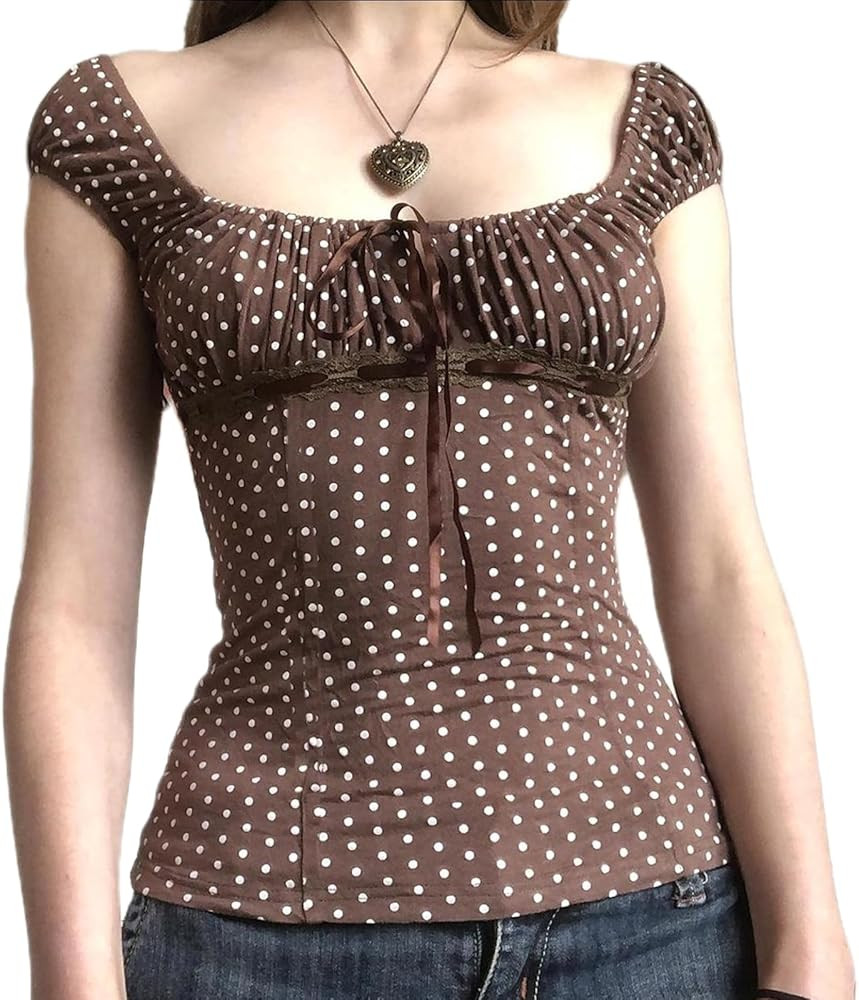 Women Fairy Grunge Shirt Summer Cap Sleeve Lace Up Polka Dot Milkmaid Tops Vinatge E-Girls Aesthe... | Amazon (US)