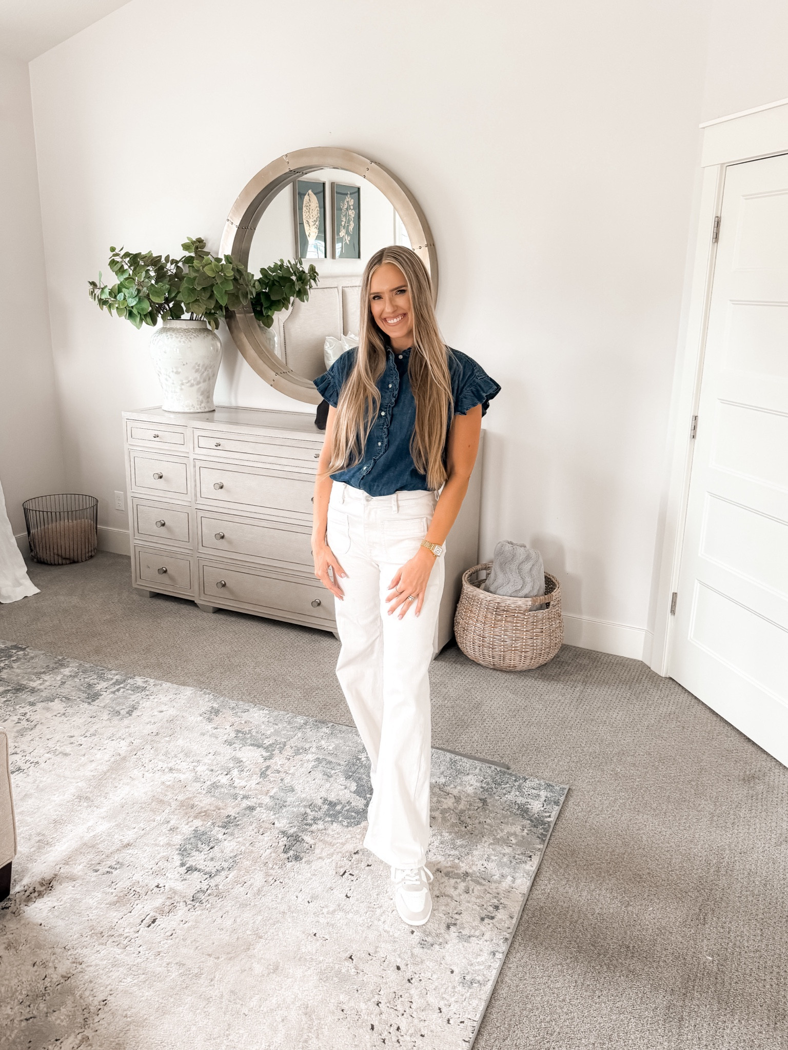 I linked the $118 shirt these remind of as well as these $22 versions. When you stock your closet with staples like white and denim, getting dressed every day becomes simple. You look pulled together and classy every day!

These ruffle-trim shirts are true to size; for reference I am 5'8" and wearing a small!

You do NOT need to spend a lot of money to look and feel INCREDIBLE! I’m here to help the budget conscious get the luxury lifestyle.

Summer Fashion / Summer Outfit / White Shirt / Walmart Fashion / Affordable / Budget / Workwear / Date Night / Dress Up or Down / Jeans / Denim / Denim Blouse / Button Down / Denim Shirt / Country Concert Outfit / Nashville Outfit

#LTKFindsUnder50 #LTKSaleAlert #LTKStyleTip