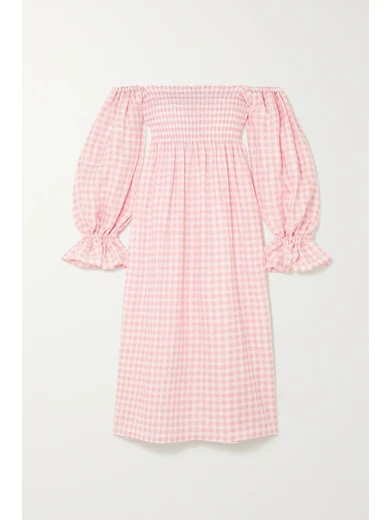 Sleeper - Atlanta Off-the-shoulder Shirred Gingham Linen Midi Dress - Pink | NET-A-PORTER (US)