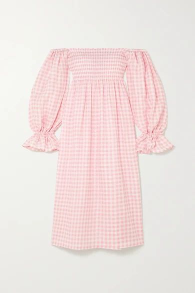 Sleeper - Atlanta Off-the-shoulder Shirred Gingham Linen Midi Dress - Pink | NET-A-PORTER (US)