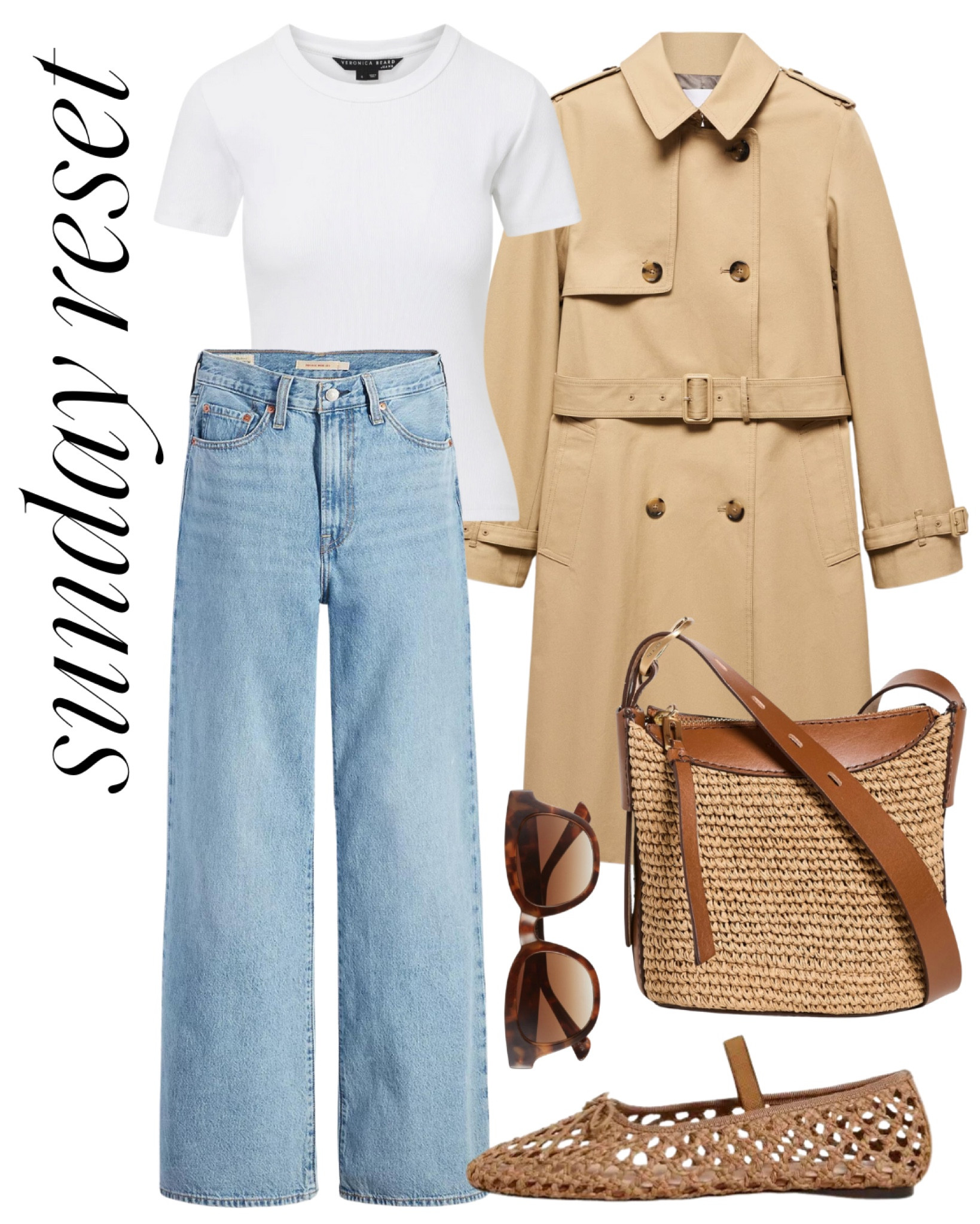 Casual spring outfit 🤍 trench coat, light wash jeans, wide leg jeans, straw crossbody bag, raffia ballet flats 

#LTKSeasonal #LTKfindsunder100