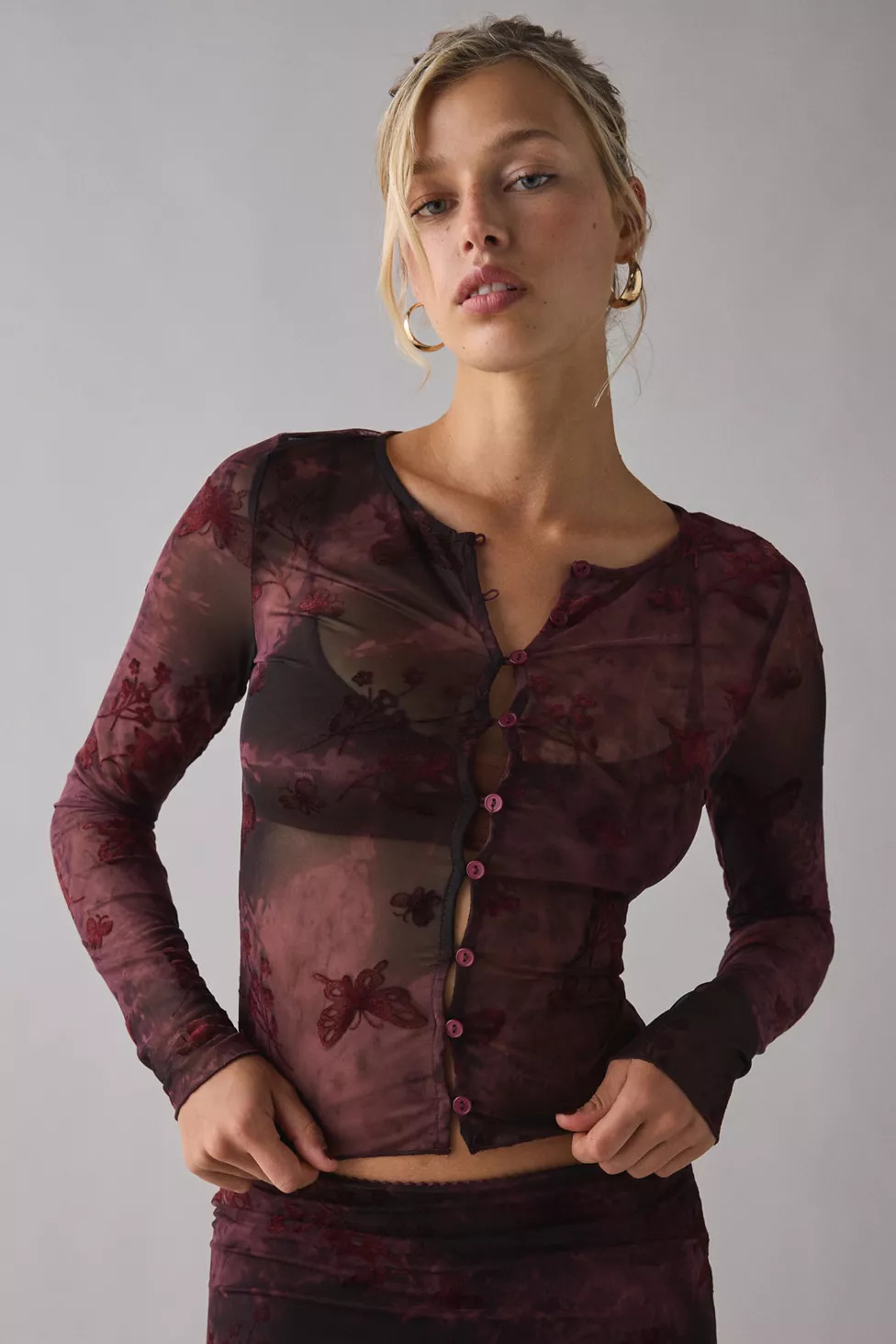 Kiss The Sky Reya Button Up Long Sleeve Sheer Mesh Top | Urban Outfitters (US and RoW)