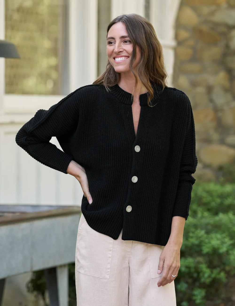 MONTECITO CARDIGAN Black, Pure Italian Cotton | Frank & Eileen