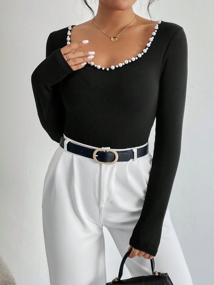 Pearl trimmed black Bodysuit | SHEIN