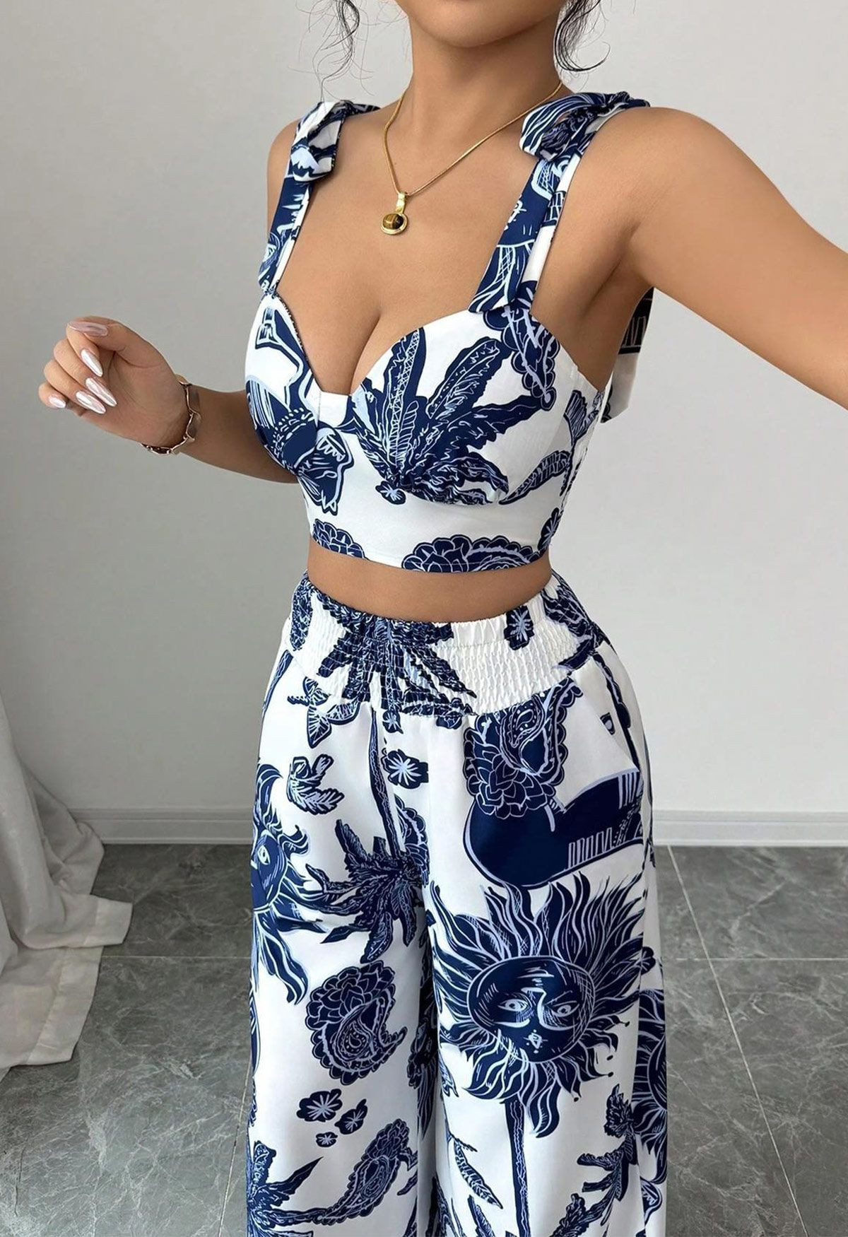 Tropical Sun Face Tie-Shoulder Cami Top and Palazzo Pants Set for Weekend Outings & Rooftop Gathe... | Chicwish