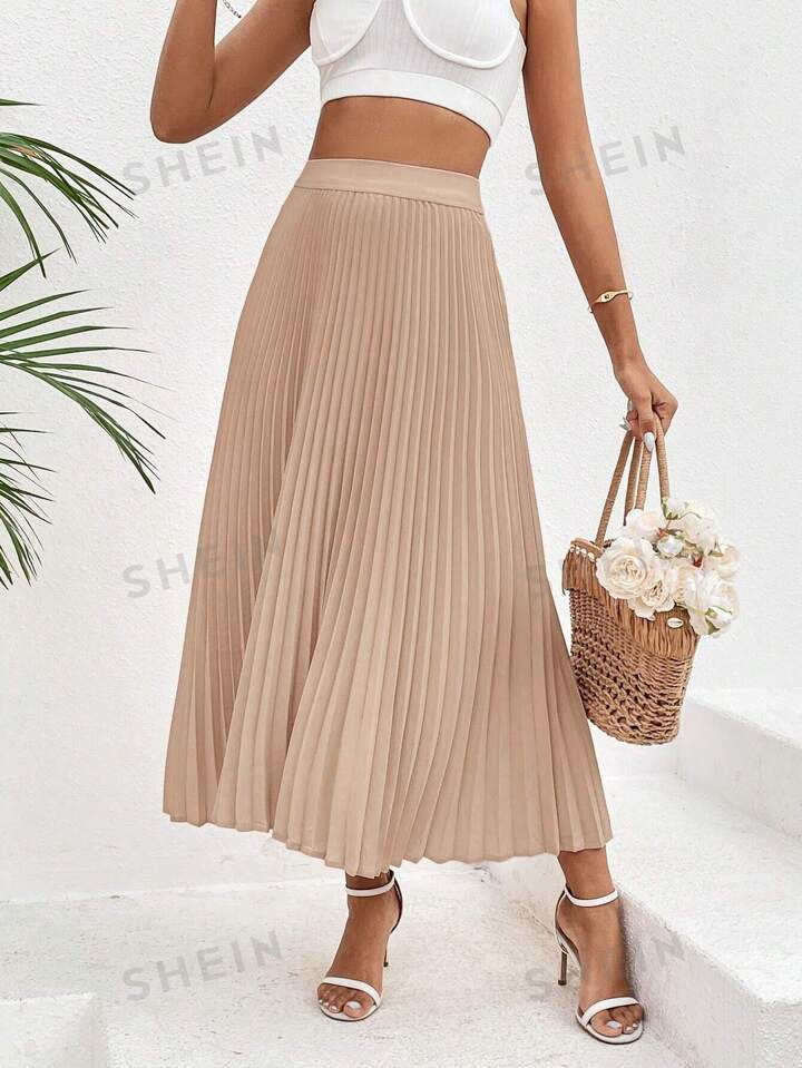 SHEIN VCAY Women Solid Color Pleated Simple And Elegant Knee-Length Skirt | SHEIN