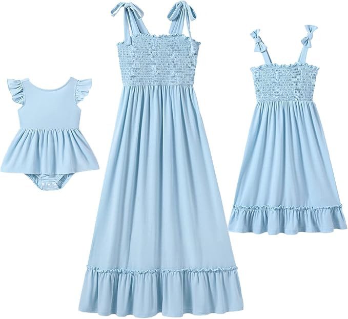 IFFEI Mommy and Me Dresses Summer Matching Outfits Spaghetti Strap Square Neck Ruffle A Line Beac... | Amazon (US)