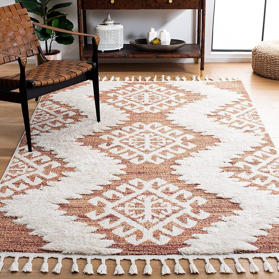 SAFAVIEH Moroccan Tassel Shag Collection Area Rug - 6'7" x 9'2", Orange & Ivory, Boho Design, Non... | Amazon (US)